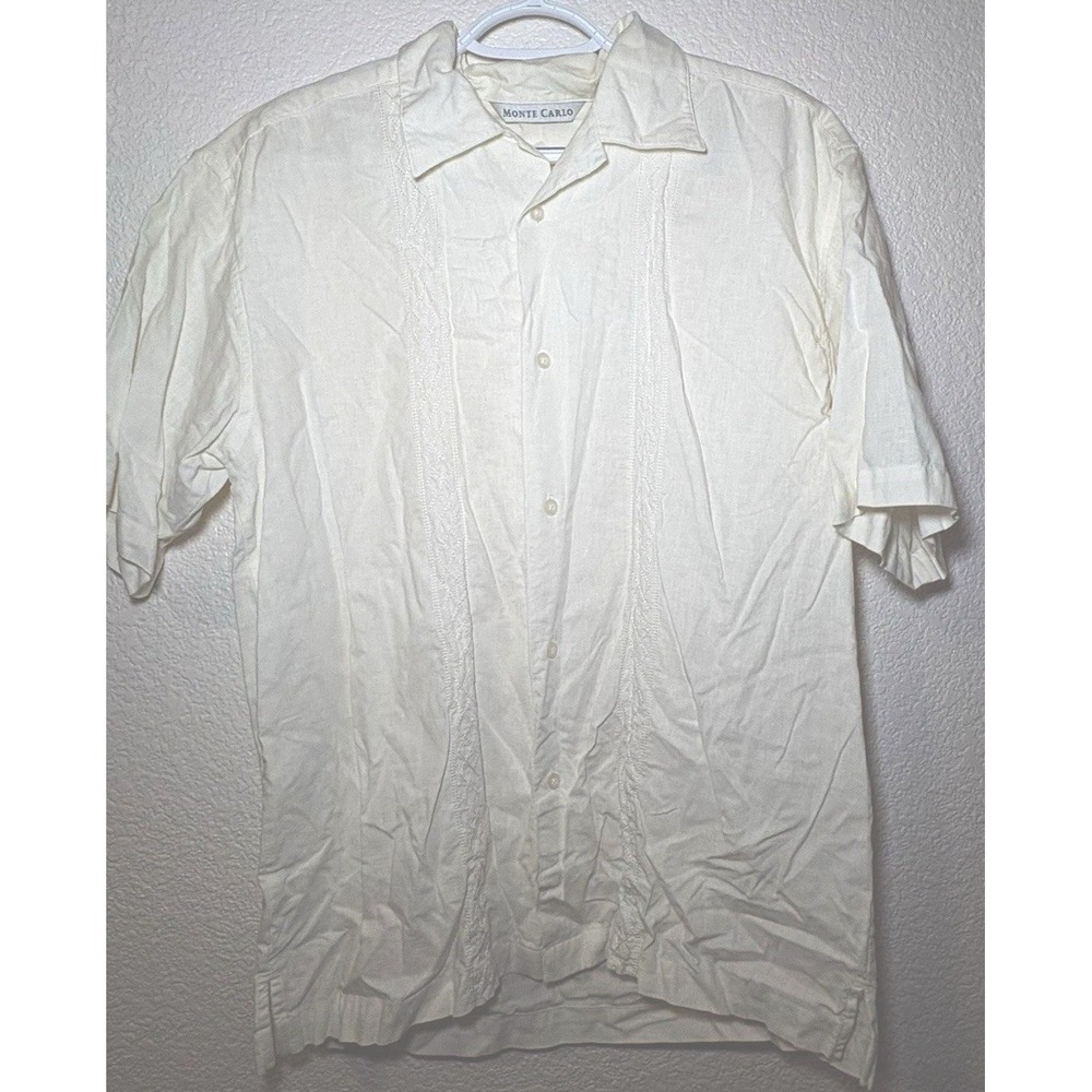 Monte Carlo Mens M Regular Beige Solid Linen Rayon Woven Short Sleeve Button-Up